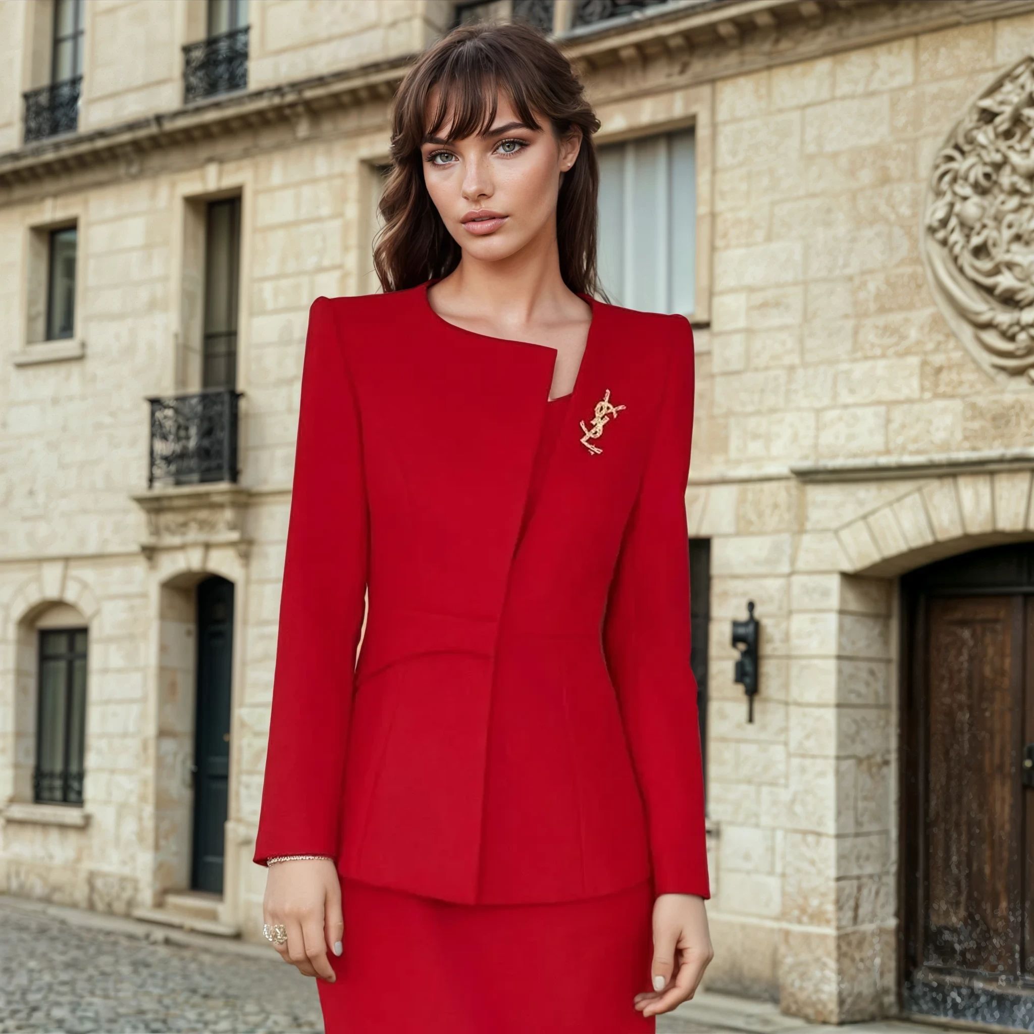 Red Midi Fitted Dress Embellished Straps - BORNCELEBS