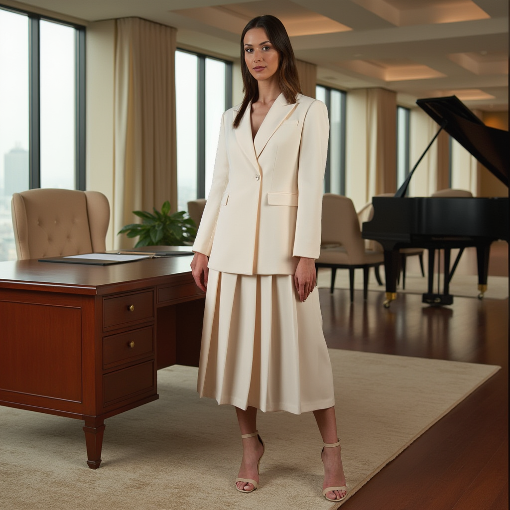 Cream Blazer and Pleated Skirt Matching Set Spring Summer Formal Casual - BORNCELEBS