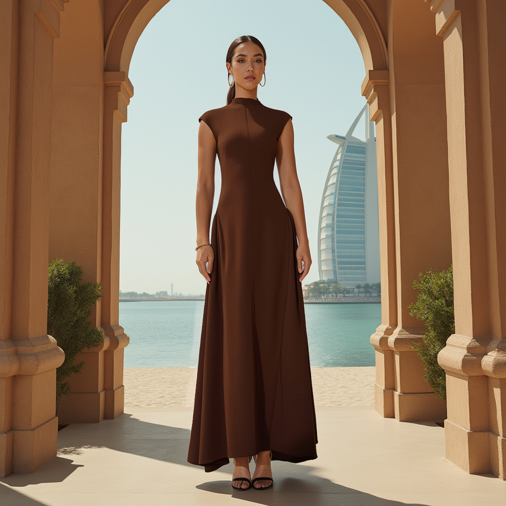 Mocha Long Dress Cap Sleeves - BORNCELEBS