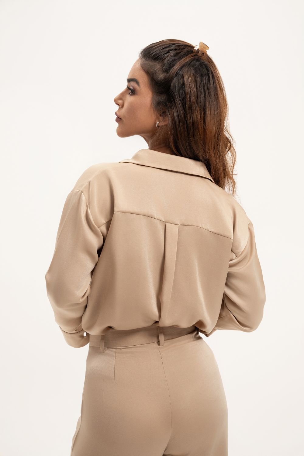 Mocha Mousse Indonesian Satin Silk Shirt and Pant Set - BORNCELEBS
