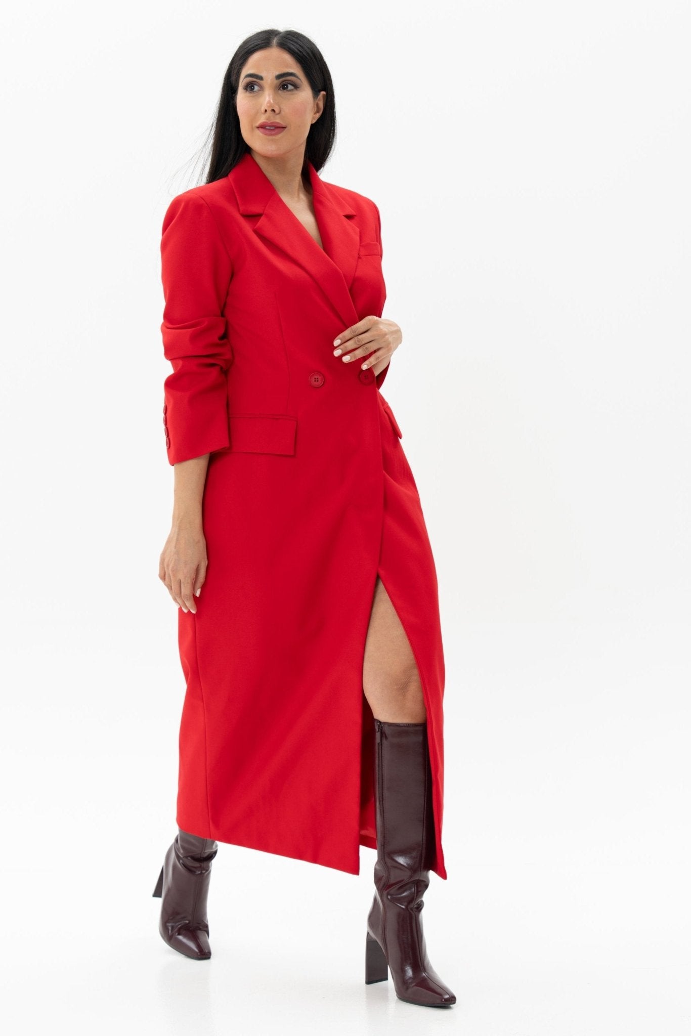 Red Long Jacket Overcoat One Piece Dress