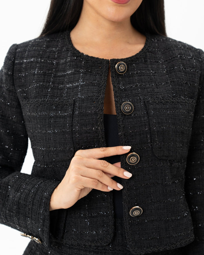 Faux Leather Panel Tweed Short Jacket
