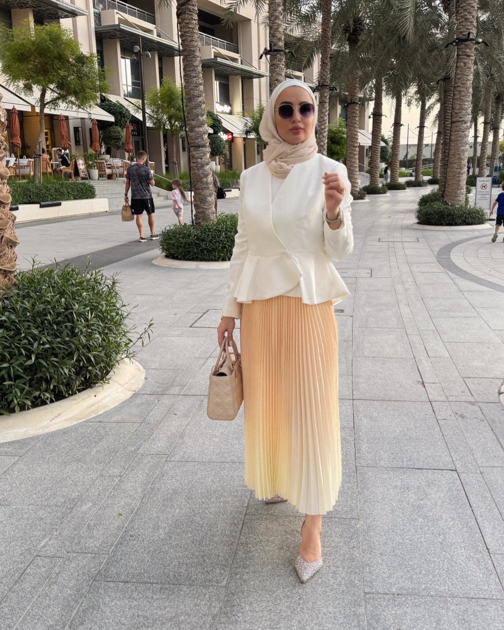 yellow top white skirt